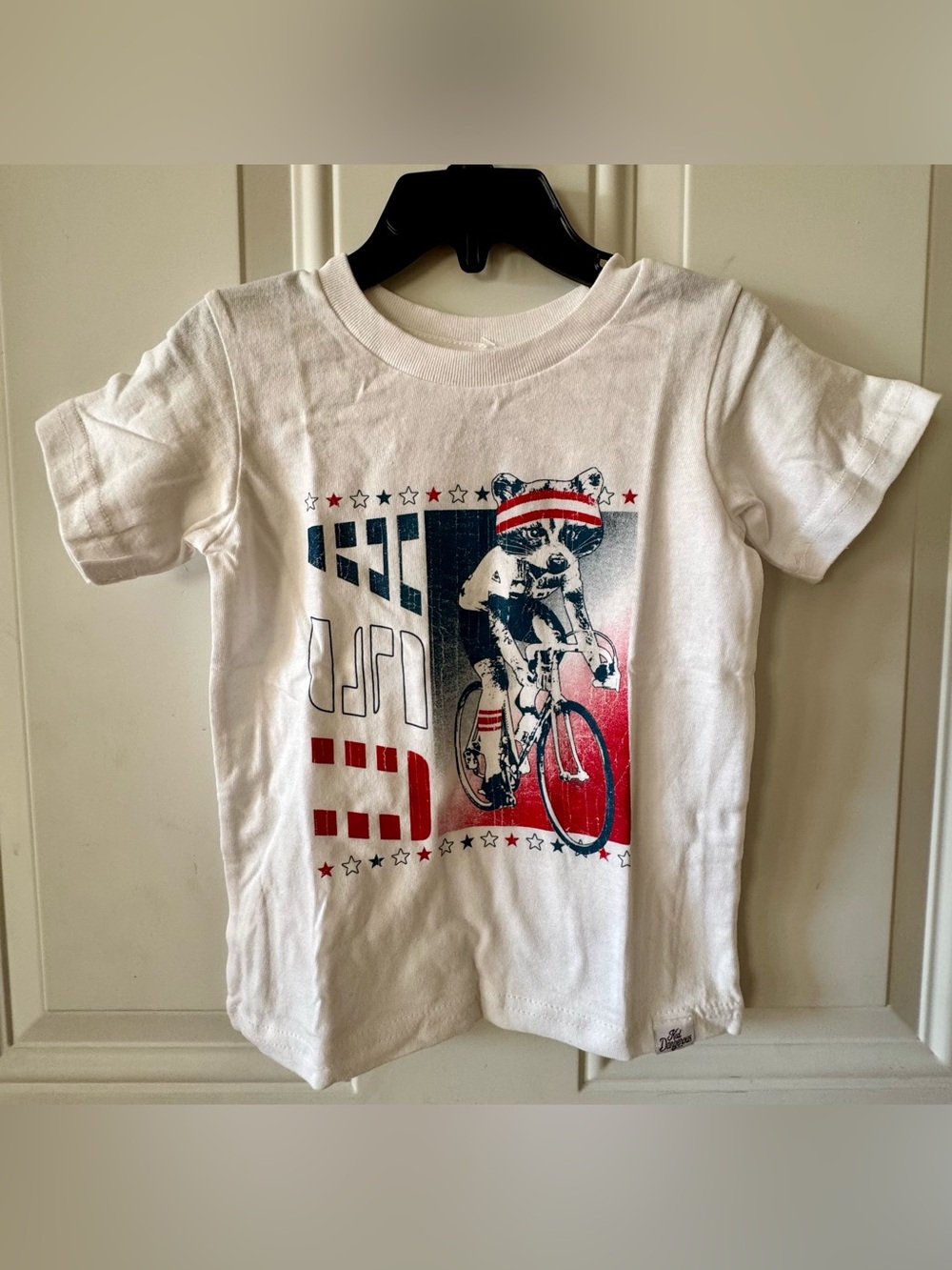 Kid Dangerous White Tee with Red and Navy Raccoon Biker Graphic